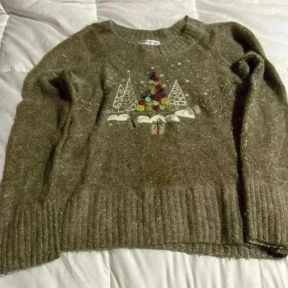 Womens Holiday Christmas Long Sleeve Brown Sweater  Small with Trees